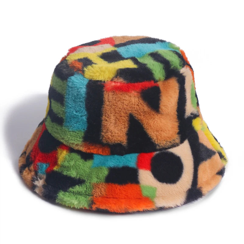 New Outdoor Multicolor Rainbow Faux Fur Letter Pattern Bucket Hats Women Winter Soft Warm Gorros Mujer
