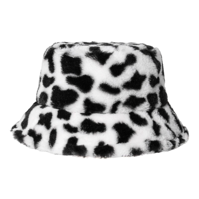 New Fashion Black White Soft Warm Faux Fur Cow Print Fishing Cap Gorros Bucket Hats for Women Winter Caps
