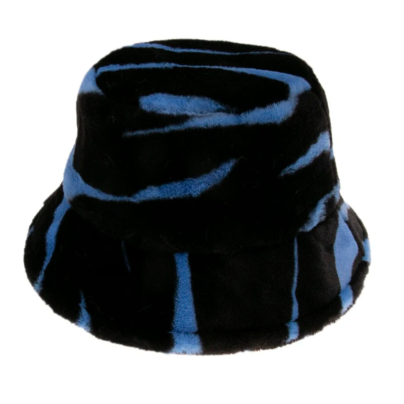 New Fashion Black White Soft Warm Faux Fur Cow Print Fishing Cap Gorros Bucket Hats for Women Winter Caps
