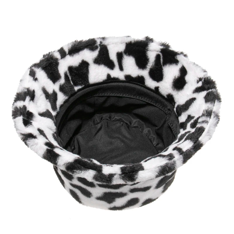 New Fashion Black White Soft Warm Faux Fur Cow Print Fishing Cap Gorros Bucket Hats for Women Winter Caps