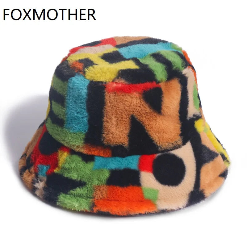 New Outdoor Multicolor Rainbow Faux Fur Letter Pattern Bucket Hats Women Winter Soft Warm Gorros Mujer