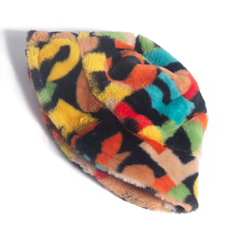 New Outdoor Multicolor Rainbow Faux Fur Letter Pattern Bucket Hats Women Winter Soft Warm Gorros Mujer