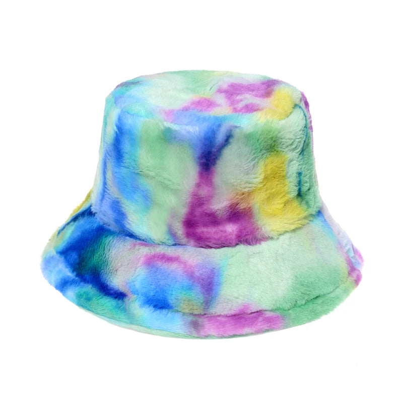 New Outdoor Multicolor Rainbow Faux Fur Letter Pattern Bucket Hats Women Winter Soft Warm Gorros Mujer