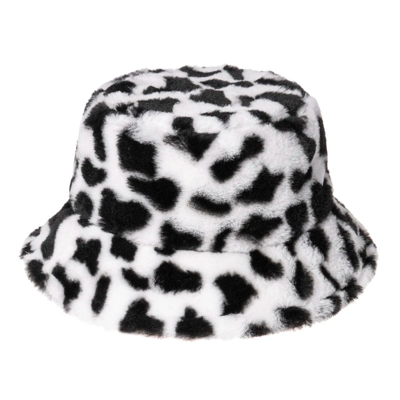 New Fashion Black White Soft Warm Faux Fur Cow Print Fishing Cap Gorros Bucket Hats for Women Winter Caps