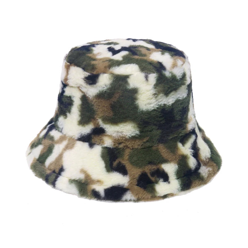 New Outdoor Multicolor Rainbow Faux Fur Letter Pattern Bucket Hats Women Winter Soft Warm Gorros Mujer