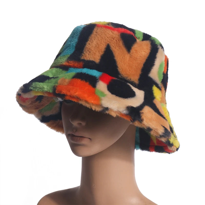 New Outdoor Multicolor Rainbow Faux Fur Letter Pattern Bucket Hats Women Winter Soft Warm Gorros Mujer