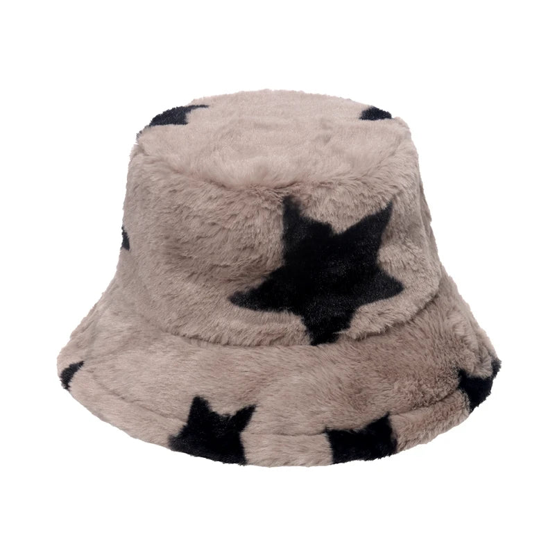 New Outdoor Multicolor Rainbow Faux Fur Letter Pattern Bucket Hats Women Winter Soft Warm Gorros Mujer
