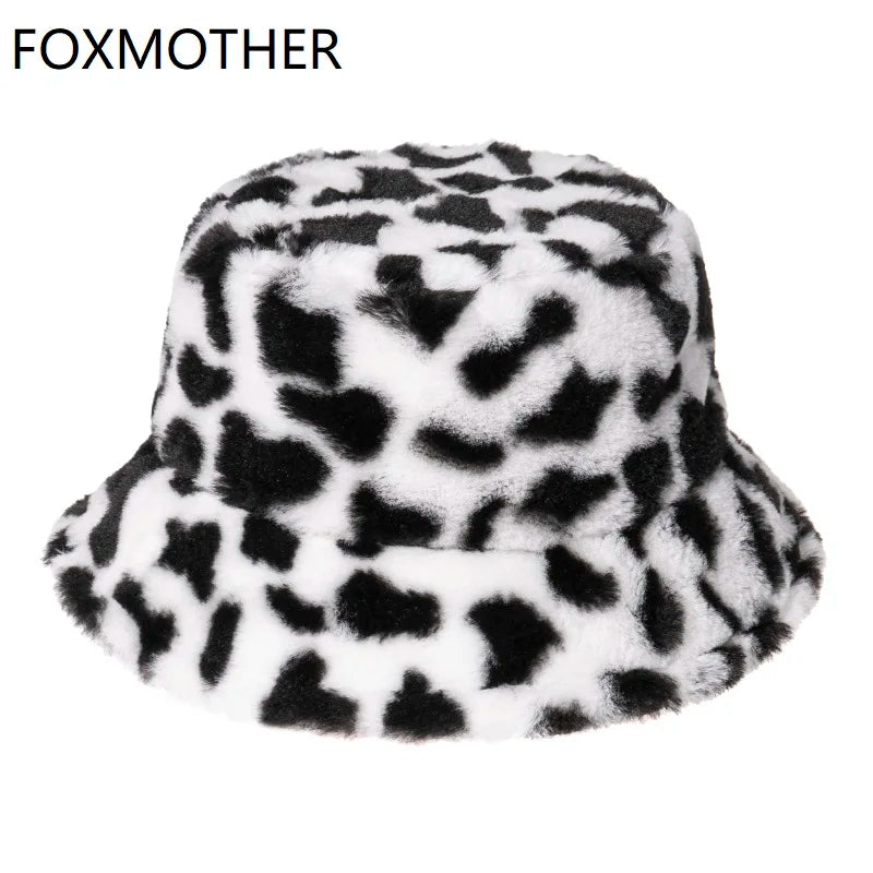 New Fashion Black White Soft Warm Faux Fur Cow Print Fishing Cap Gorros Bucket Hats for Women Winter Caps