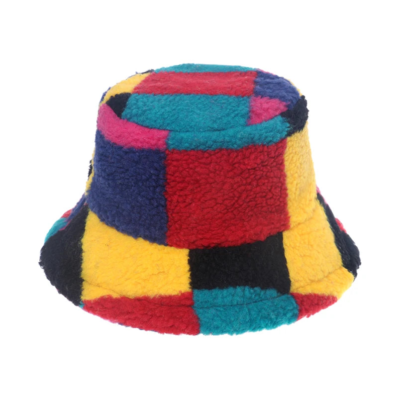 New Outdoor Multicolor Rainbow Faux Fur Letter Pattern Bucket Hats Women Winter Soft Warm Gorros Mujer