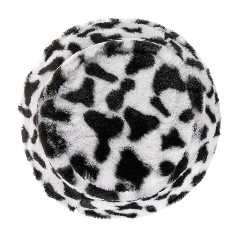 New Fashion Black White Soft Warm Faux Fur Cow Print Fishing Cap Gorros Bucket Hats for Women Winter Caps
