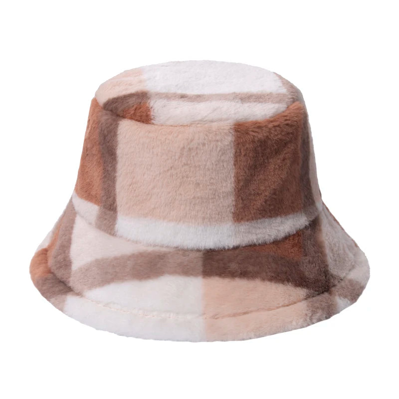 New Outdoor Multicolor Rainbow Faux Fur Letter Pattern Bucket Hats Women Winter Soft Warm Gorros Mujer