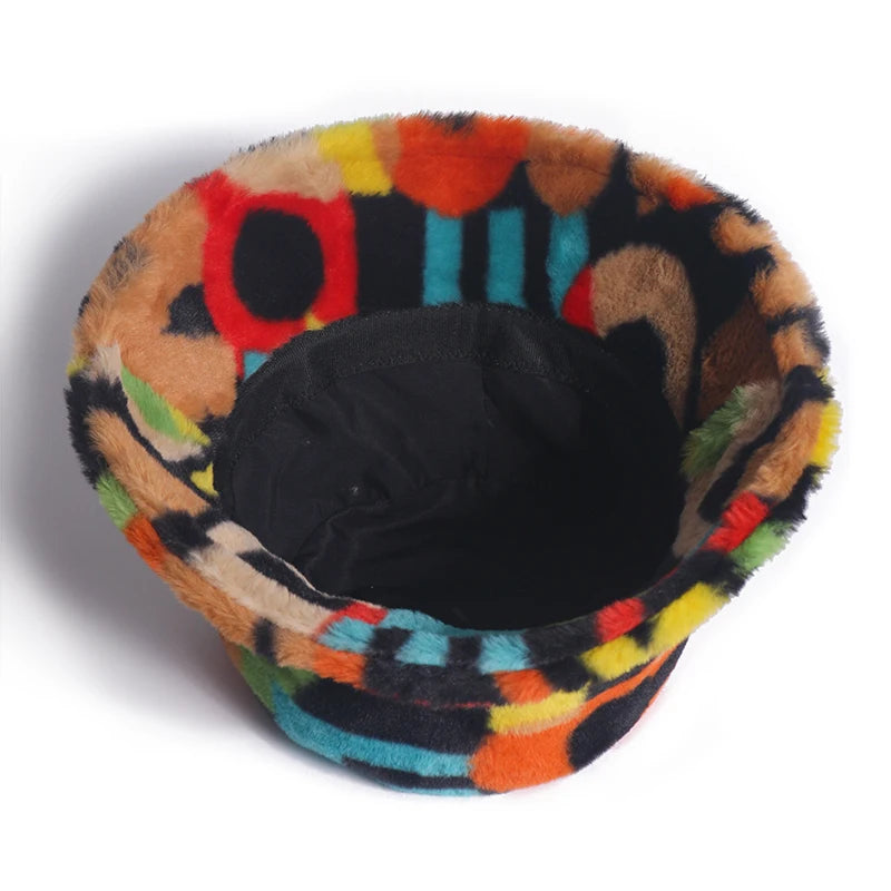New Outdoor Multicolor Rainbow Faux Fur Letter Pattern Bucket Hats Women Winter Soft Warm Gorros Mujer