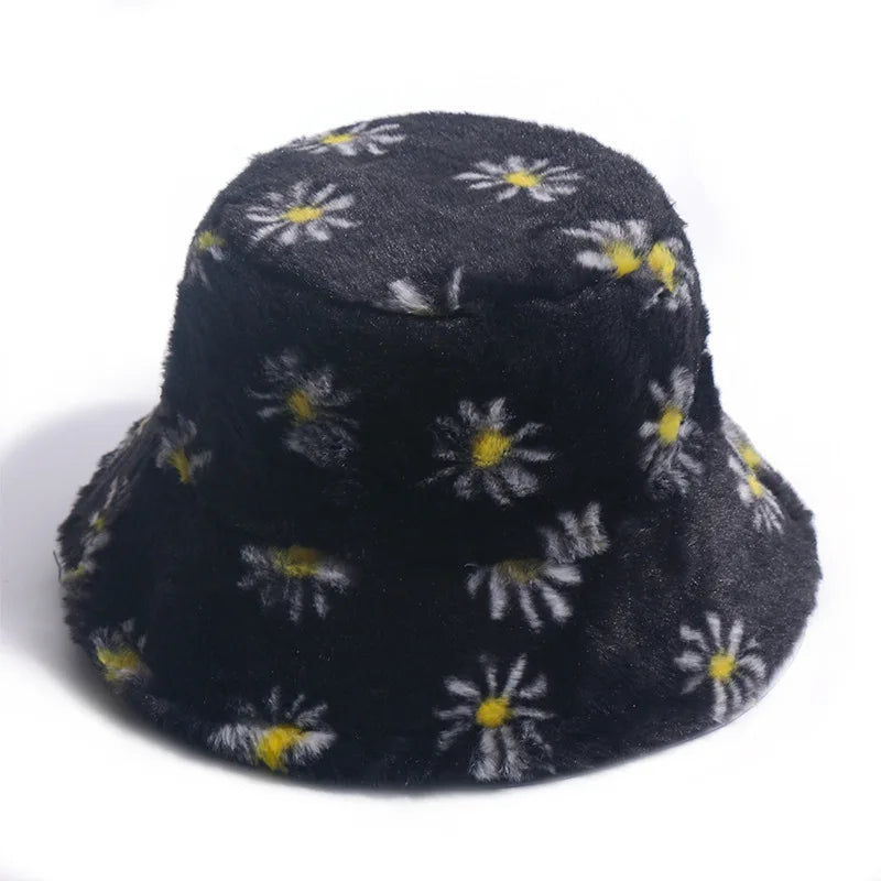 New Outdoor Multicolor Rainbow Faux Fur Letter Pattern Bucket Hats Women Winter Soft Warm Gorros Mujer