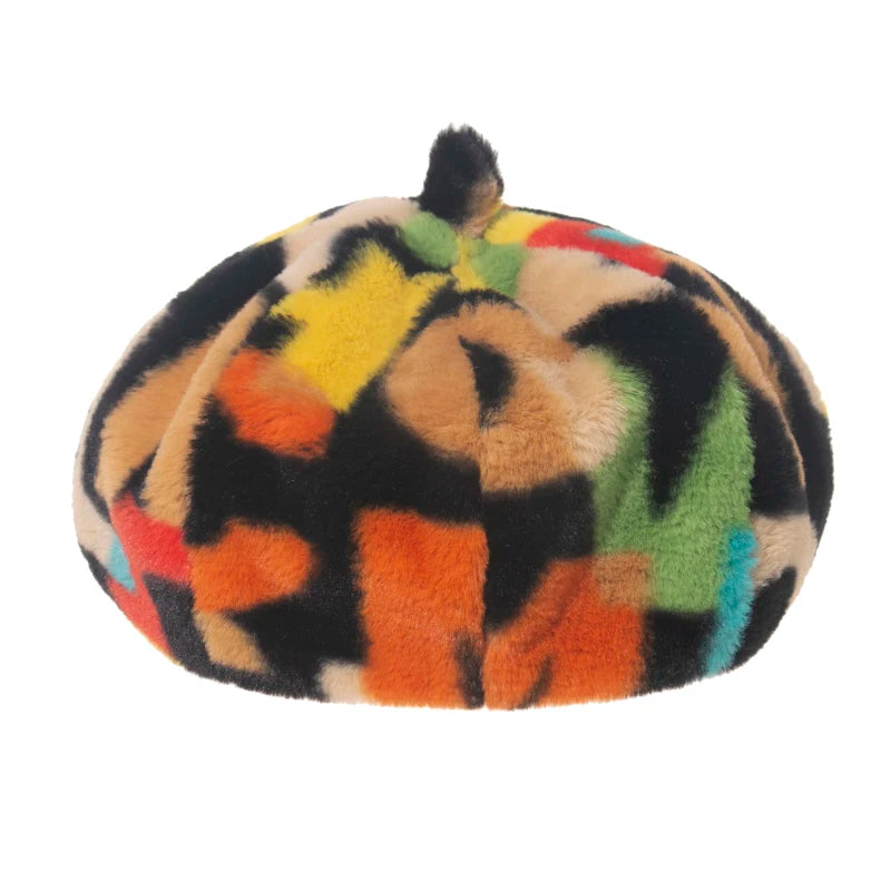 New Outdoor Multicolor Rainbow Faux Fur Letter Pattern Bucket Hats Women Winter Soft Warm Gorros Mujer