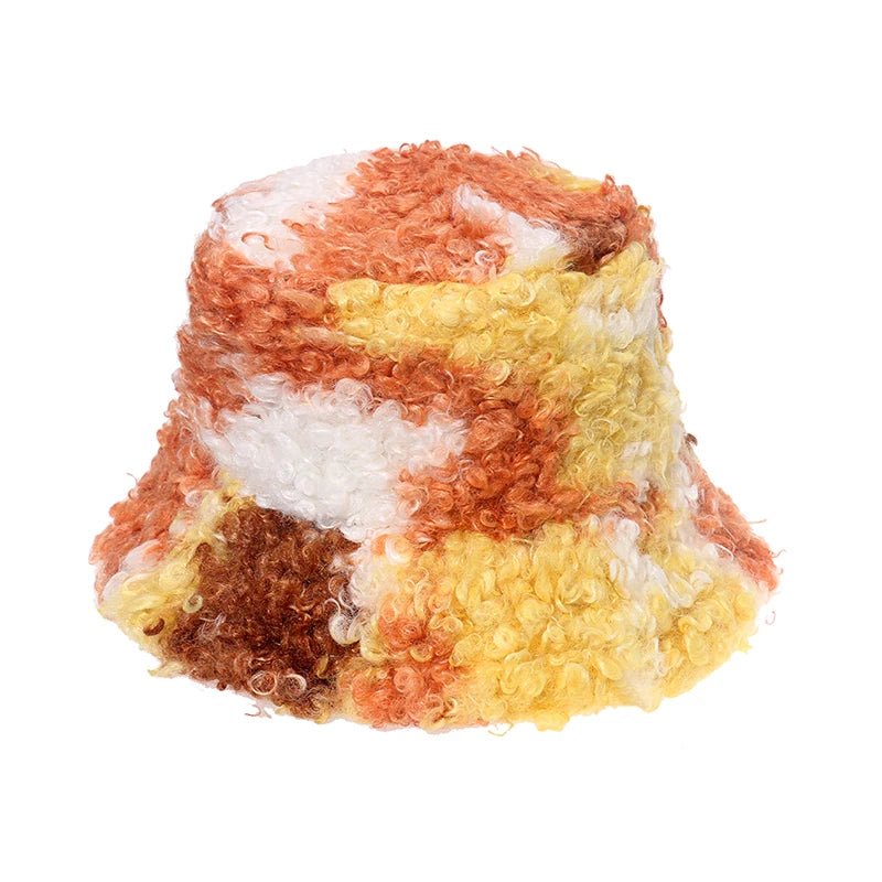 New Outdoor Multicolor Rainbow Faux Fur Letter Pattern Bucket Hats Women Winter Soft Warm Gorros Mujer