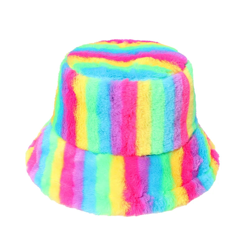 New Outdoor Multicolor Rainbow Faux Fur Letter Pattern Bucket Hats Women Winter Soft Warm Gorros Mujer