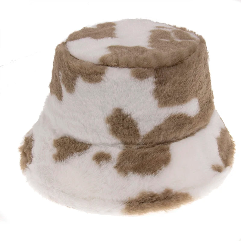 New Fashion Black White Soft Warm Faux Fur Cow Print Fishing Cap Gorros Bucket Hats for Women Winter Caps