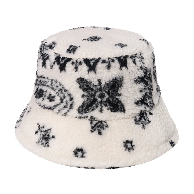 New Outdoor Multicolor Rainbow Faux Fur Letter Pattern Bucket Hats Women Winter Soft Warm Gorros Mujer