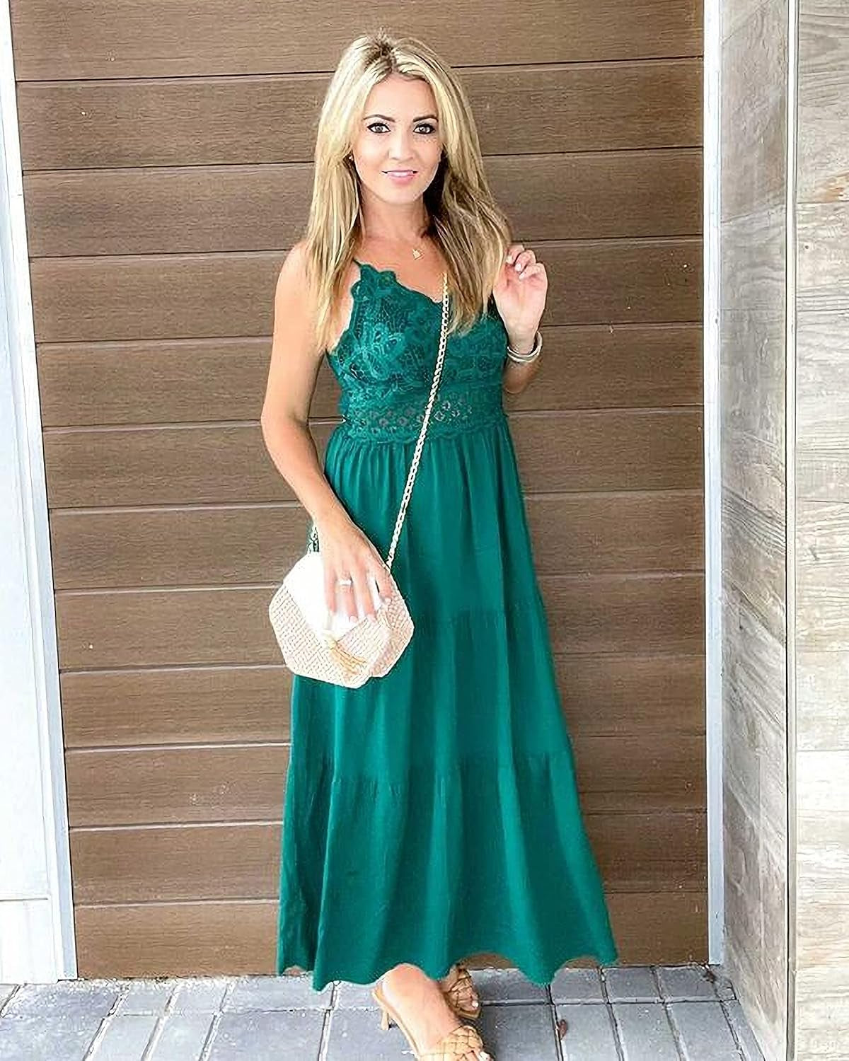 Women'S Beach Crochet Lace Maxi Dress Solid Color Summer Vacation Spaghetti Strap Long Dress 2024