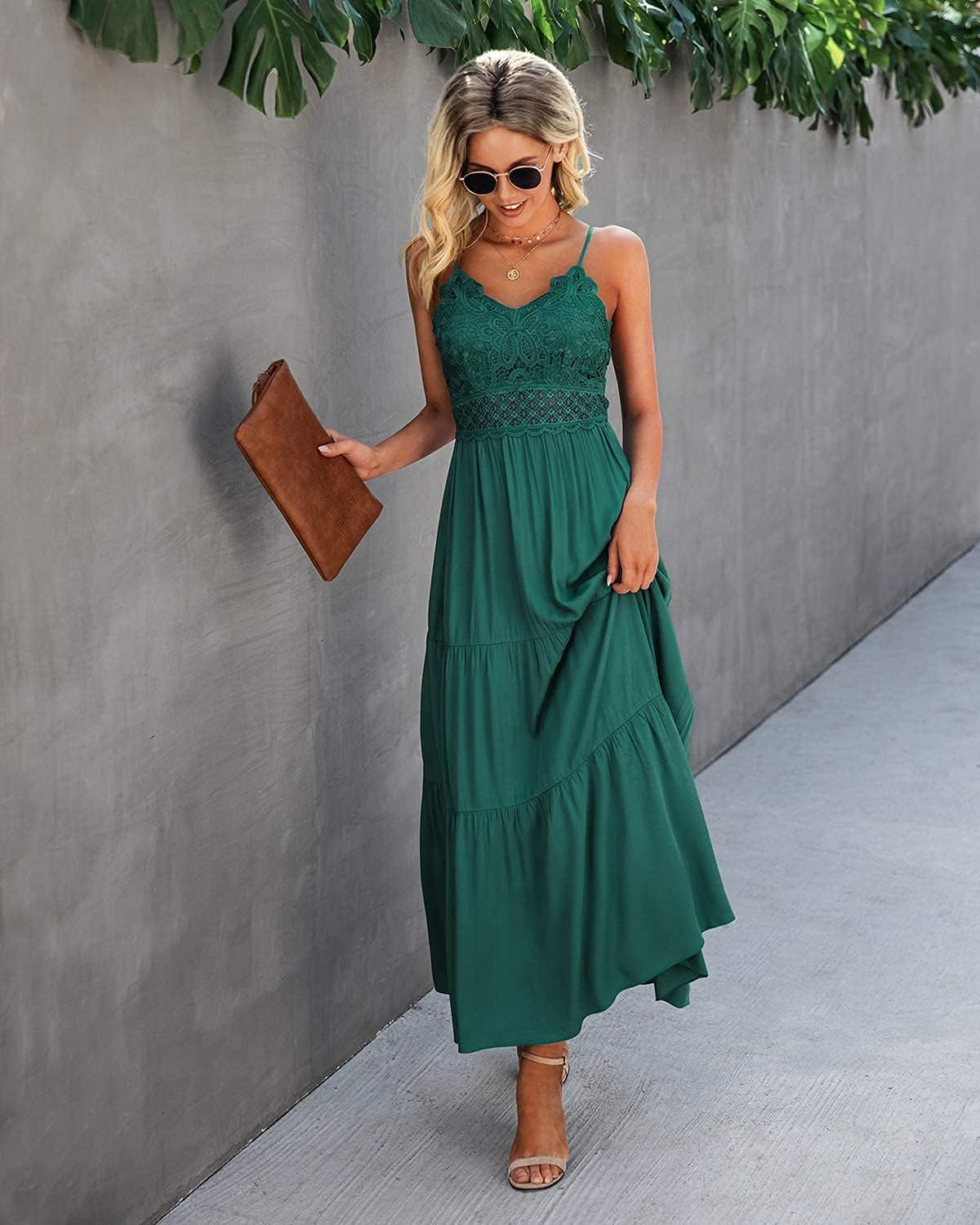 Women'S Beach Crochet Lace Maxi Dress Solid Color Summer Vacation Spaghetti Strap Long Dress 2024