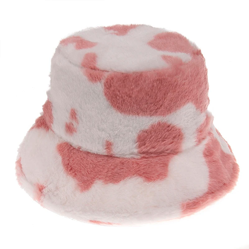 New Fashion Black White Soft Warm Faux Fur Cow Print Fishing Cap Gorros Bucket Hats for Women Winter Caps