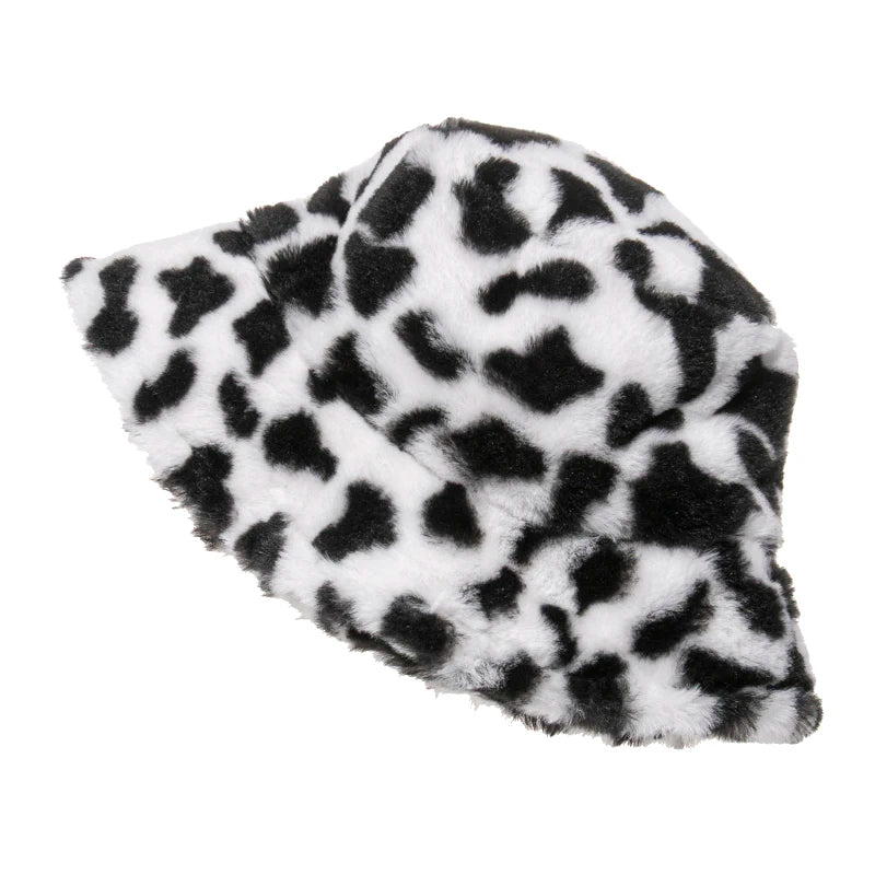New Fashion Black White Soft Warm Faux Fur Cow Print Fishing Cap Gorros Bucket Hats for Women Winter Caps