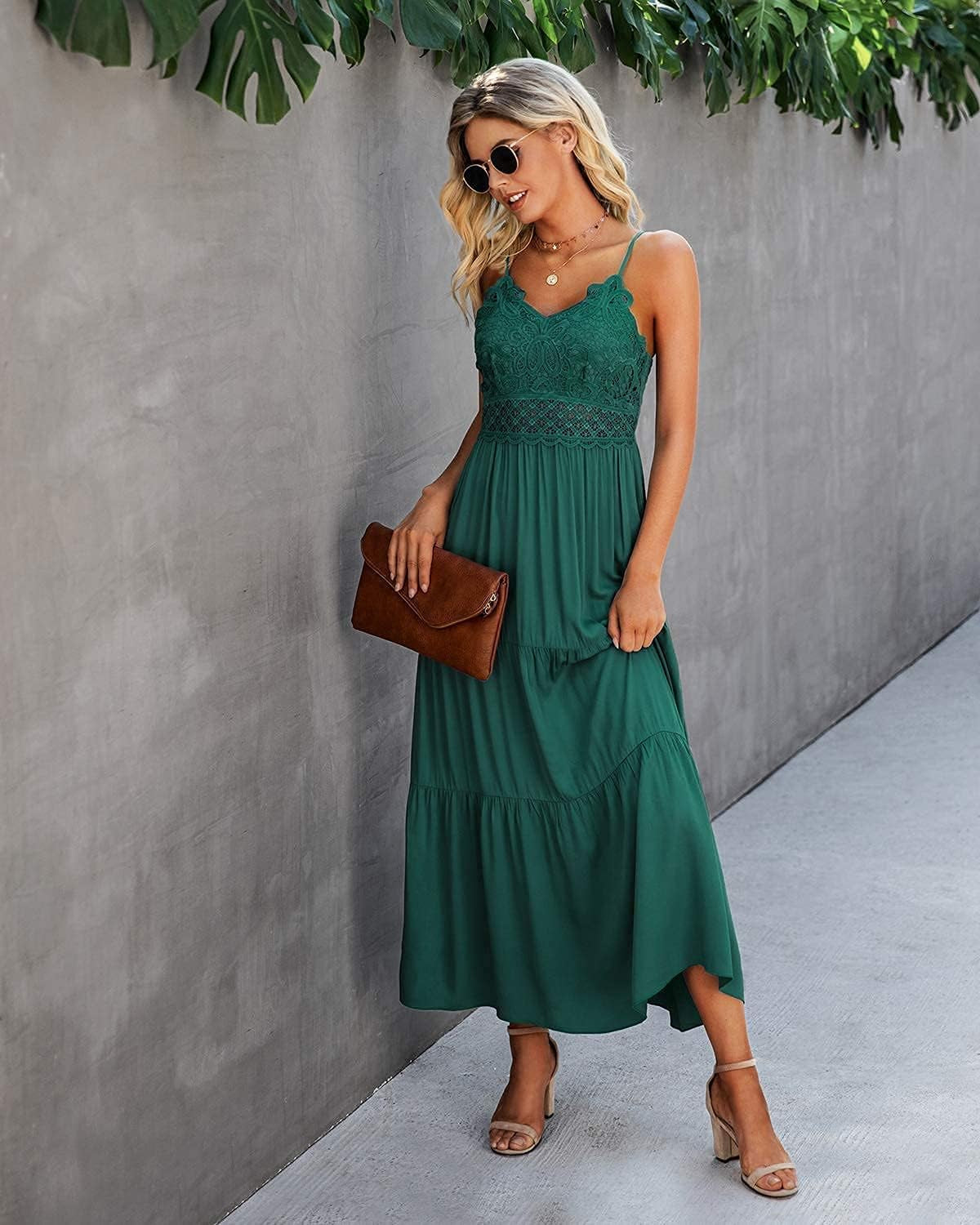 Women'S Beach Crochet Lace Maxi Dress Solid Color Summer Vacation Spaghetti Strap Long Dress 2024